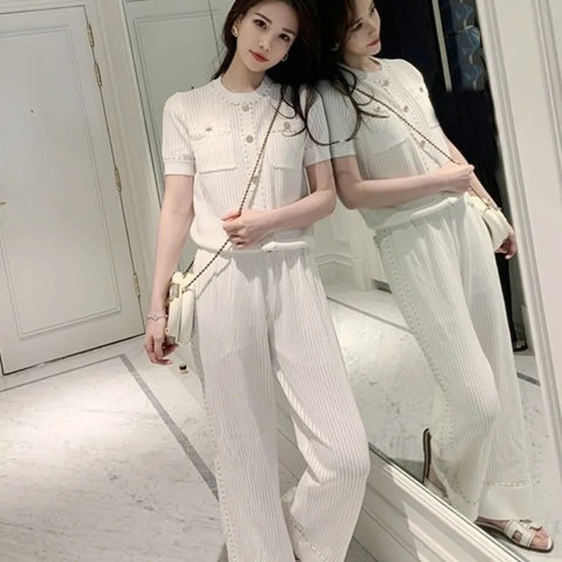 

Fashion Suit Female 2021 Summer Ice Silk Pendant Wide-leg Pants Temperament Two-piece Short-sleeved Long-sleeved Pants Suit