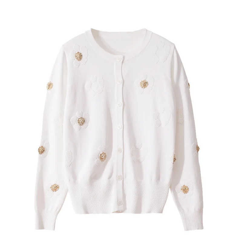 

Spring Fall Floral Knitted Cardigans Embroidery Women Tops Japan Style Long Sleeve O-Neck Sweater Generous Office Lady Outerwear