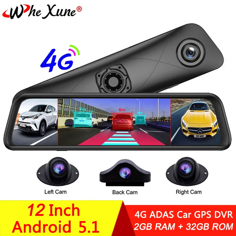 Автомобильный видеорегистратор WHEXUNE 4G 12 дюймов 4-канальный объектив GPS FHD 1080P Wi-Fi