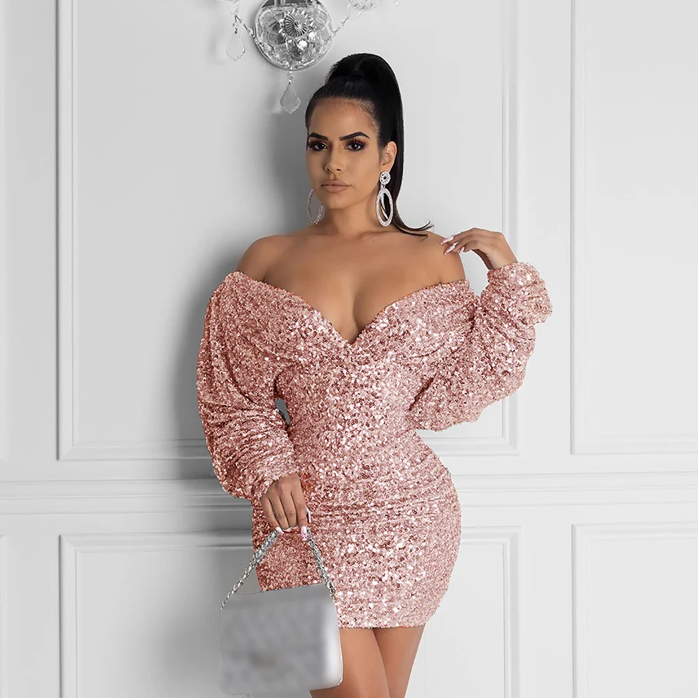 Женское мини платье с блестками длинным рукавом и V образным вырезом|Женские