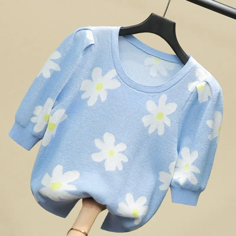 

VANOVICH 2021 Summer New Knit T Shirts Women Puff Sleeve Wild Fashion T Shirts Female Short-sleeved Casual Sweet Women Clothing