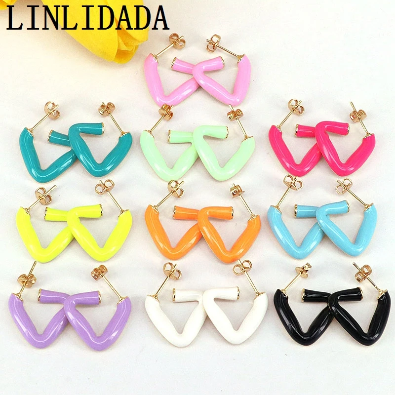

5Pairs 2021 Popular New Design Gold Color Plated Enamel Triangle Earring Colorful Geometric Earring Jewelry for Women
