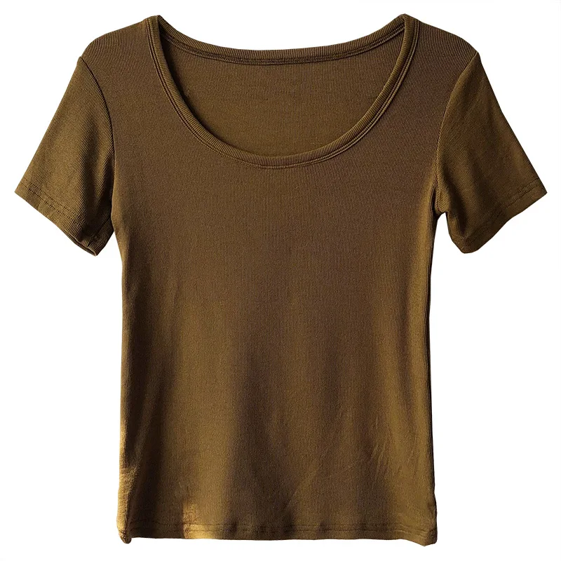 

U-neck Knitted Short Sleeve T-shirt Women New Slim Fit Thin Clavicle Bottoming Women Tops Simple Casual All Match Tshirts Summer