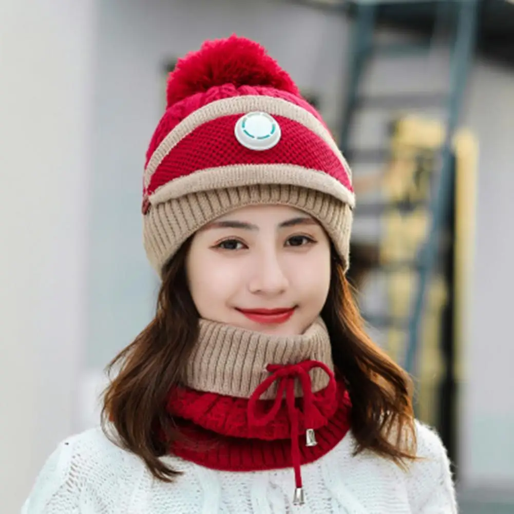 

Durable Cap Scarf Face Cover Skin-friendly Patchwork Outdoor Plush Ball Stretchy Beanie Scarf Face Cover