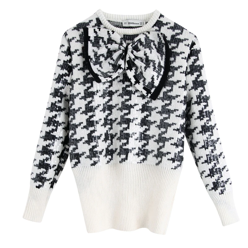 Женский свитер с блестками AGong элегантный облегающий из твида круглым вырезом и