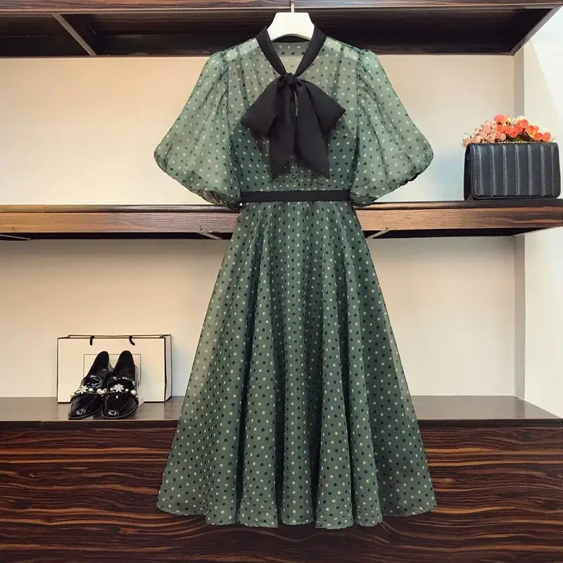 

Plus Size Women Dot Dresses Summer New Korean Loose High Waist Bow V-Neck Dresses Lantern Sleeve Female Vintage Dress LJ3283