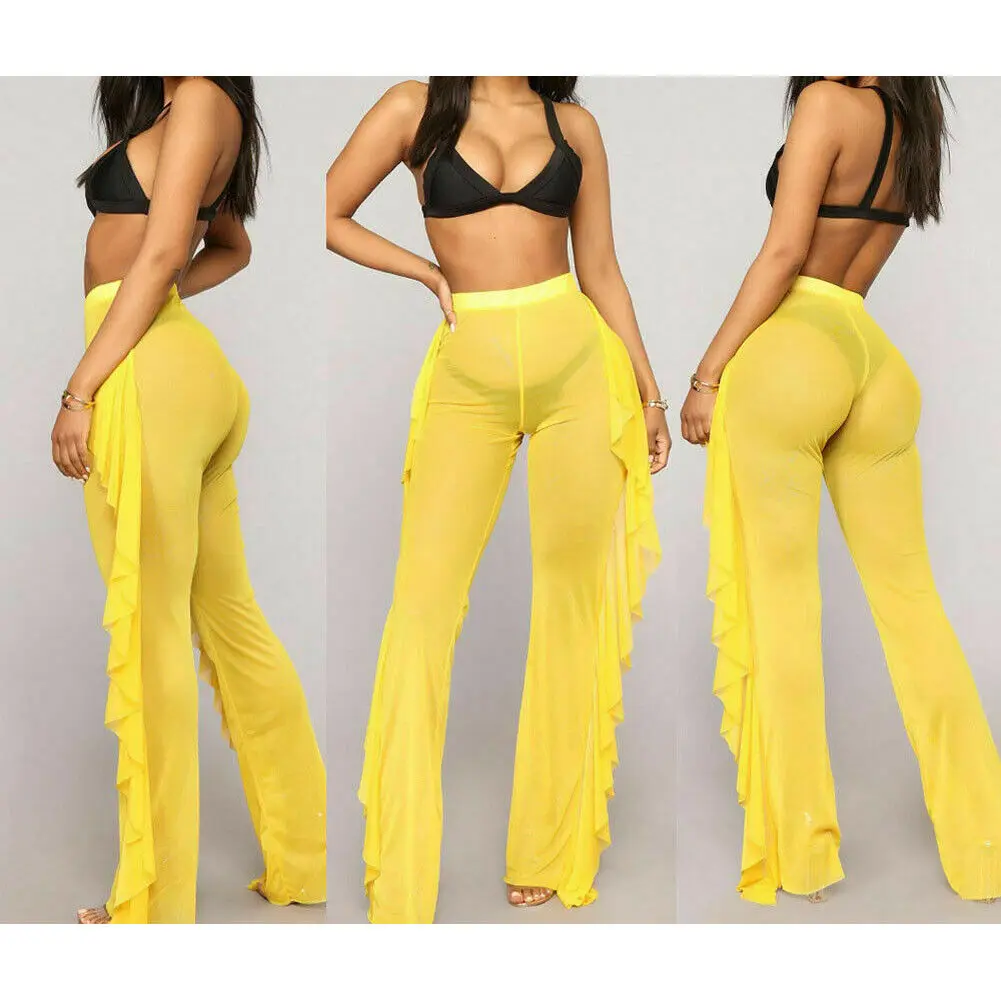 

Sexy Women Mesh Sheer Bikini Cover Up High Waist Perspective Long Pant Trousers Ruffle Ladies Beach Pants Swimwear Beachwear