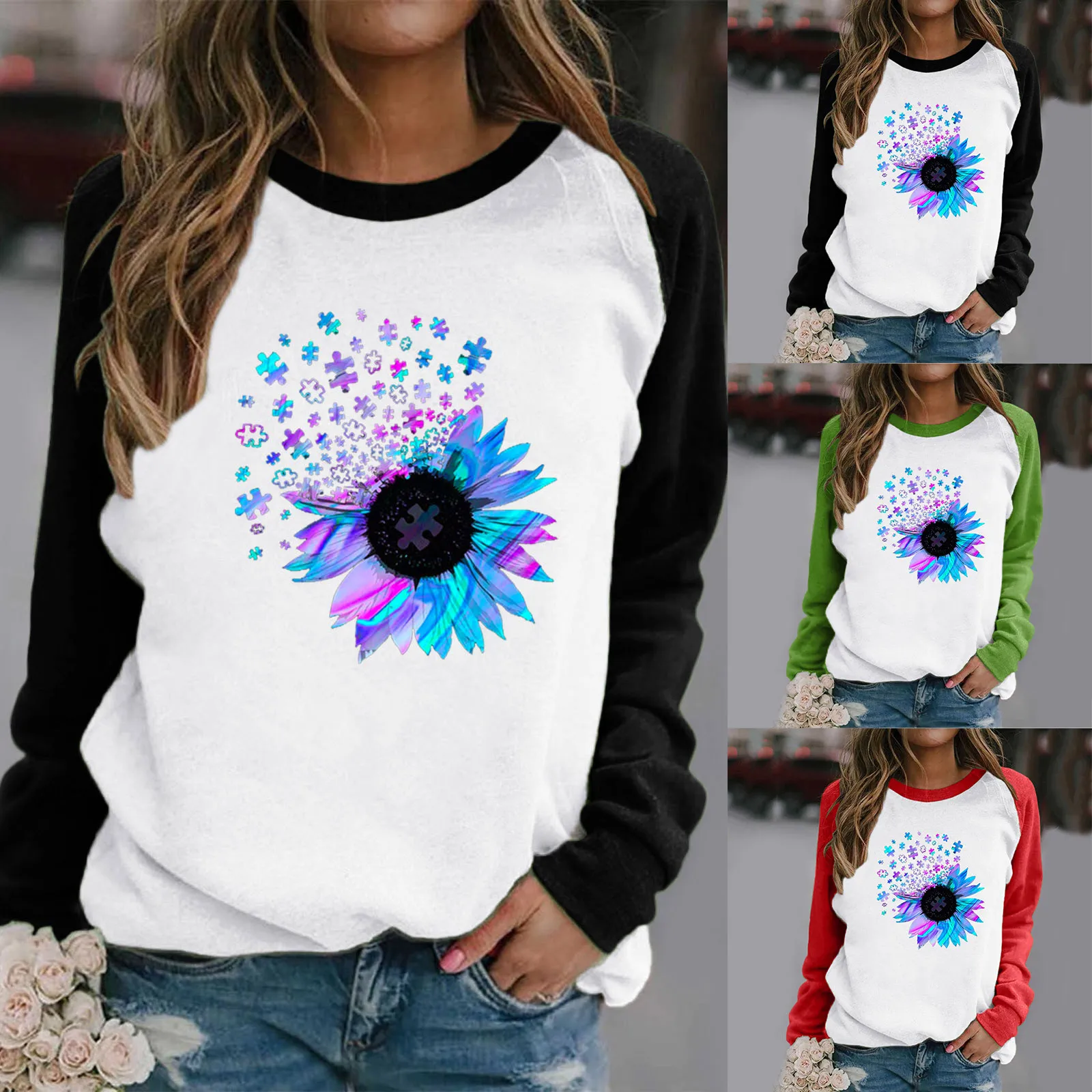 

Autumn Winter Sweatshirts Women's Fashion Sunflower Print Long-sleeved Sweatshirt Casual Blouse Pullover Tops Streetwear#G
