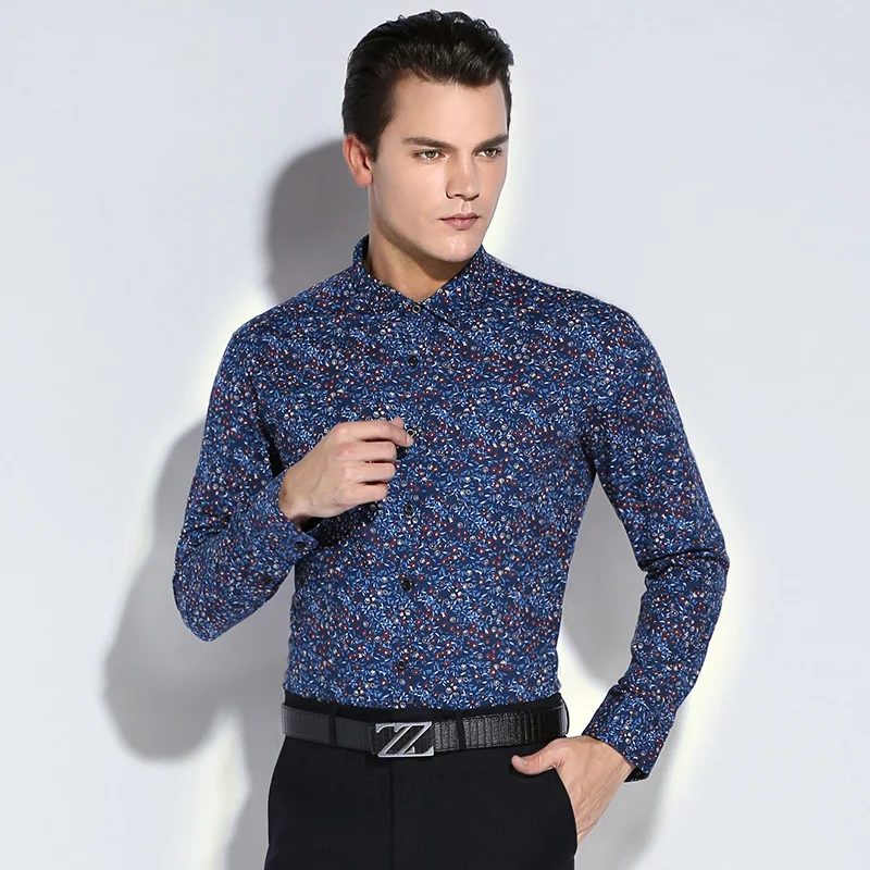

Men's Stylish Flowers Print Standard-fit Dress Shirts Comfortable Cotton Long Sleeve Casual Thin Tops Shirt For All Year Round
