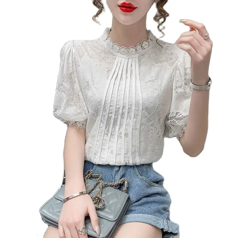 

Women's Shirt Short Sleeve Top Fashion Summer Stand Collar Lace Tops Elegant Women Retro Crochet Women's Lantern Sleeve Blouses