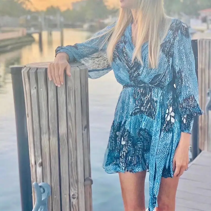 Мини-платье с длинным рукавом V-образным вырезом и поясом | Женская одежда