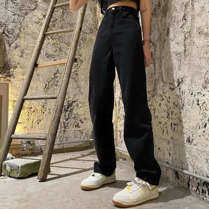 Autumn New Denim Back Women Jeans High Waist Loose Straight Pants Casual Female black Trousers Large Size Mom Long Pants