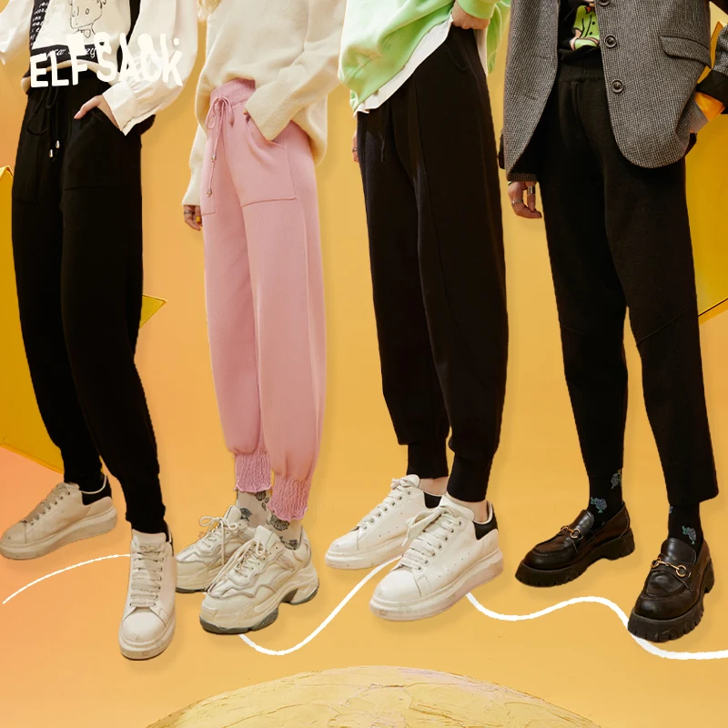 ELFSACK Solid Pure Straight Casual Women Knit Pants,2021 Winter ELF Vintage Drawstring High Waist Ladies Basic Daily Trouser