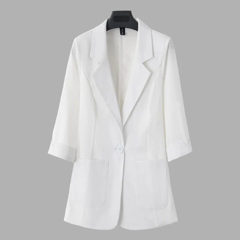 

Spring Summer White Linen Black Three Quarter Blazer Women Plus Size Casual Thin Jacket Coat Mujer 2020 Woman Top Clothing