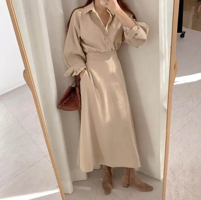 

Spring Summer Solid Elegant Dress Women Office Lady Casual Korean Style Female Shirt Dress