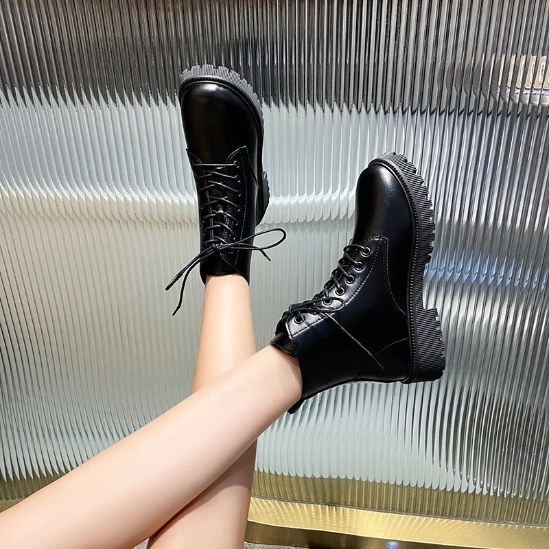 

Новинка 2021 кожаные женские ботильоны на среднем каблуке со шнуровкой однотонные кожаные черные осенние сексуальные высококачественные же...