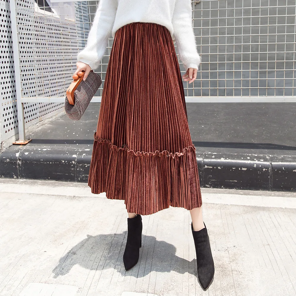 Женская плиссированная юбка до щиколотки однотонная бархатная с высокой талией