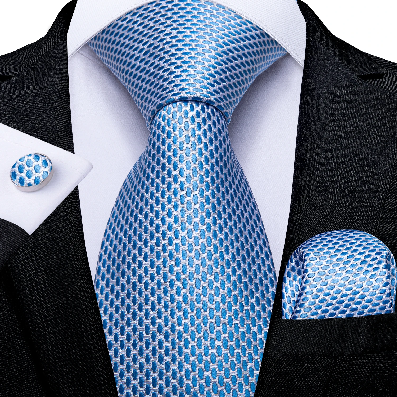 

Gift Men Tie Light Blue Solid Silk Wedding Tie For Men DiBanGu Design Hanky Cufflink Quality Men Tie Set Dropshipping