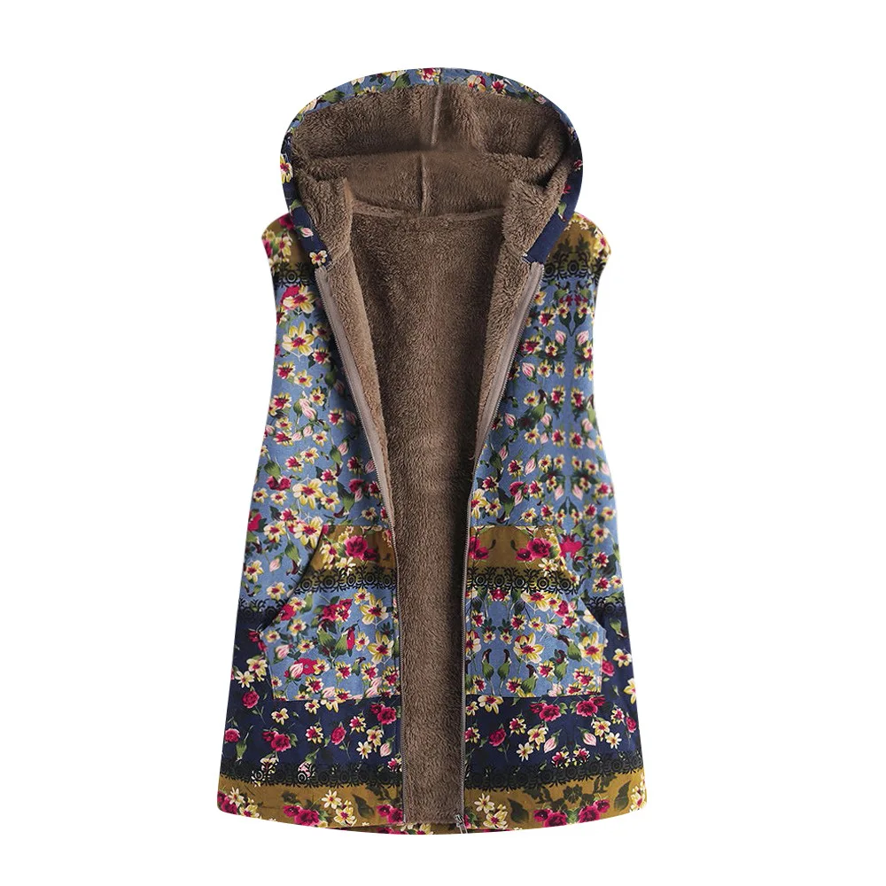 Ladies Coat Warm Winter Cardigans Zipper Plush Colorful Printed Hooded Sleeveless Vest Comfortable Tops | Женская одежда