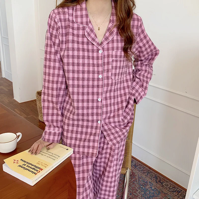 

Couple Pajamas 2020 Autumn Simple Small Plaid Loose Pajamas Women's Home Service Clothes Suit Men