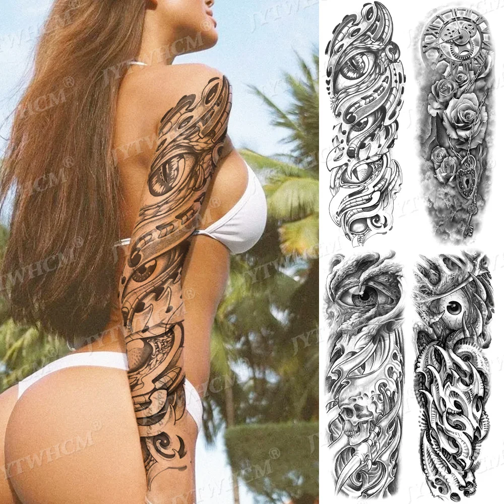 

Waterproof Temporary Fake Tattoo Sleeves Robotic Arm Black Stickers On Hand Sketch Eye Clock Supernatural Body Art Tatto Sleeve