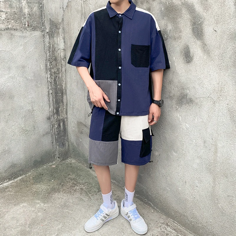 

Men's Set Clothing Shirt Shorts Suit Patchwork Pocket Korean Style Summer Oversize Casual Cotton Short Knee-Length Pants Fashion