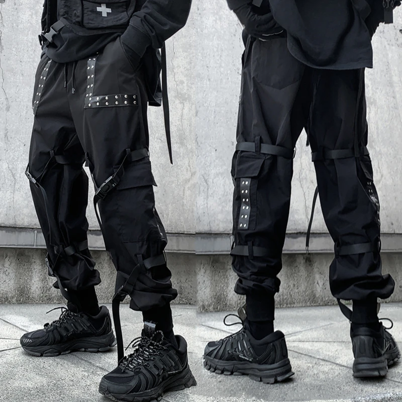 

Spring Hip Hop Harajuku Joggers Trouser Male Overalls Ribbon Streetwear Techwear Casual Functional Wind Japanese Cargo Pants
