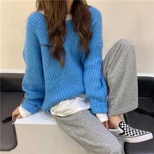 Женский трикотажный свитер свободного покроя, с длинным рукавом