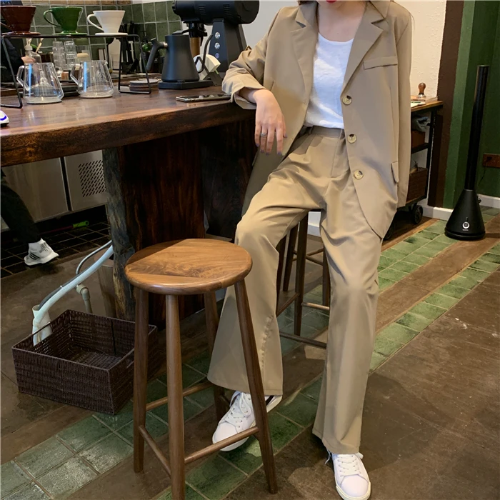 HziriP Autumn All Match Office Lady OL Style Solid Elegant Blazer+Straight Casual Loose Trouser Women Suits 2 Piece Sets