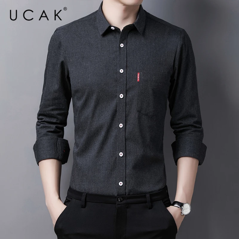 UCAK Brand Streetwear Pure Cotton Shirt Men Clothes Spring New Arrival Casual Turn-down Collar Solid Color Shirts Homme U6166
