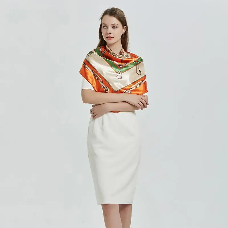 

90*90 см элегантные женские шарфы атласный квадратный шелковый шарф платок Femme геометрический мусульманский головной платок на шею полотенце...