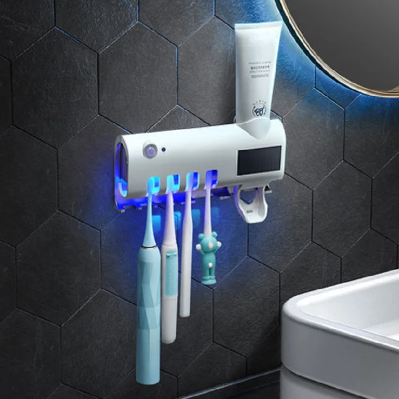 

UV Disinfection Toothbrush Holders Wall Mounted Bathroom Supply Storage Rack IR Sensor Automatic Toothpaste Dispenser