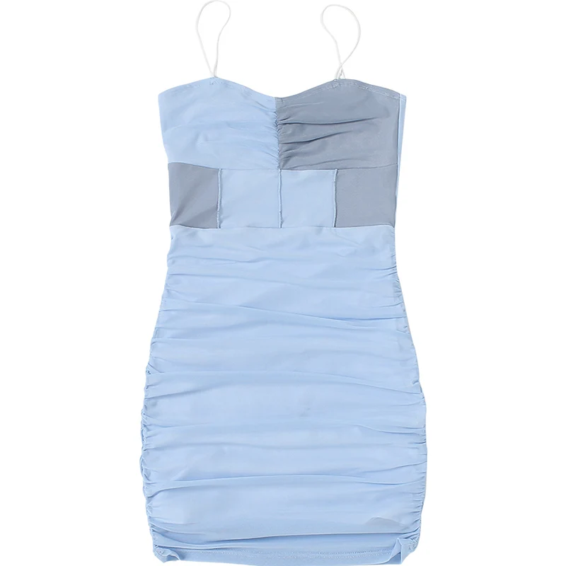 

VIMIMI 2021 Summer New Girl Sweet And Cute Fashion Holiday Style Blue Stitching Sexy Sling Reveal Backpack Hip Slim Dress