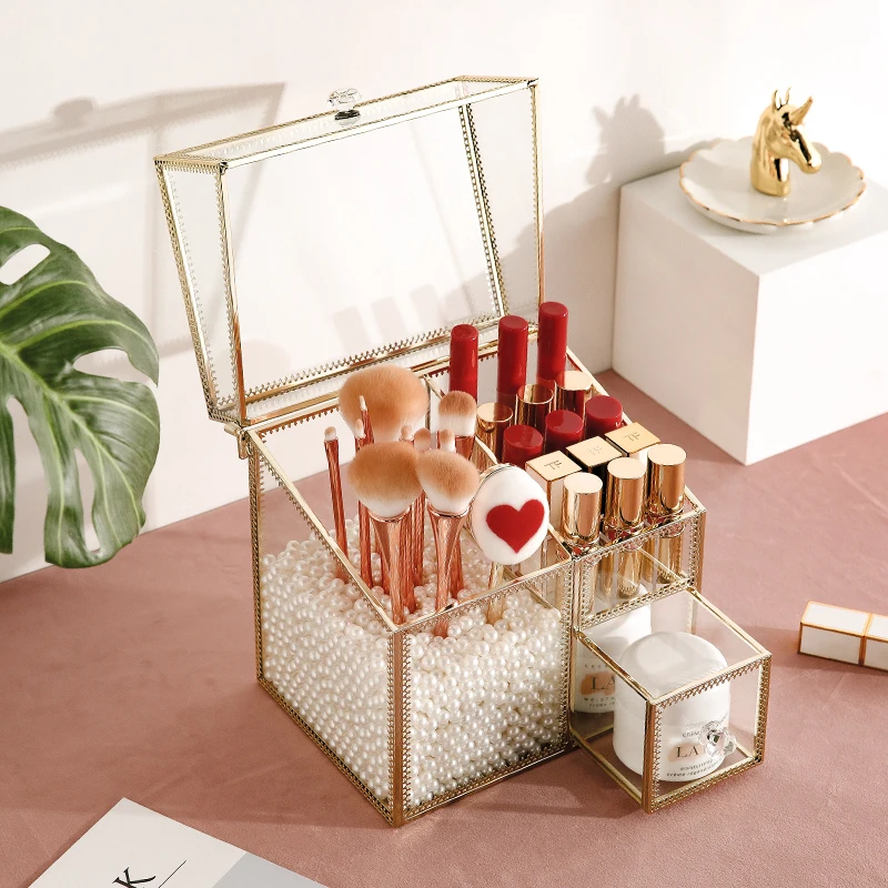 Стеклянный держатель для кистей макияжа ящик хранения с белым жемчугом золотой