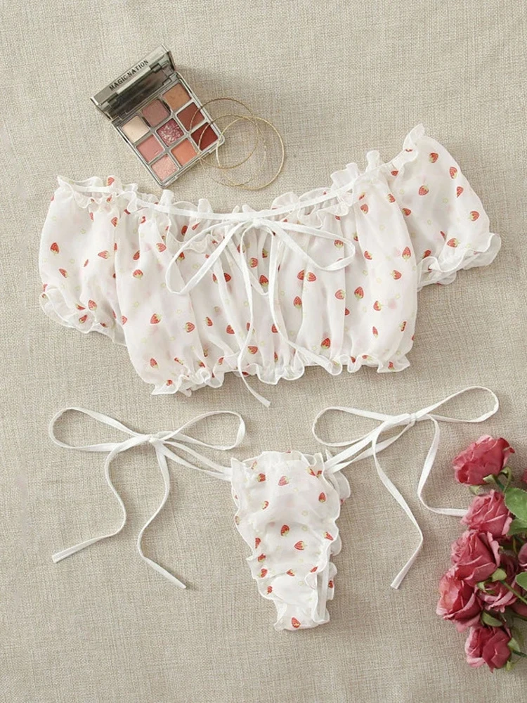 

Swimwear Women's Lingerie Sexy Mesh Bra Set Off Shoulder Ruffle Underwear Cute Dot Wireless Transparent Bralette Thong Bikini
