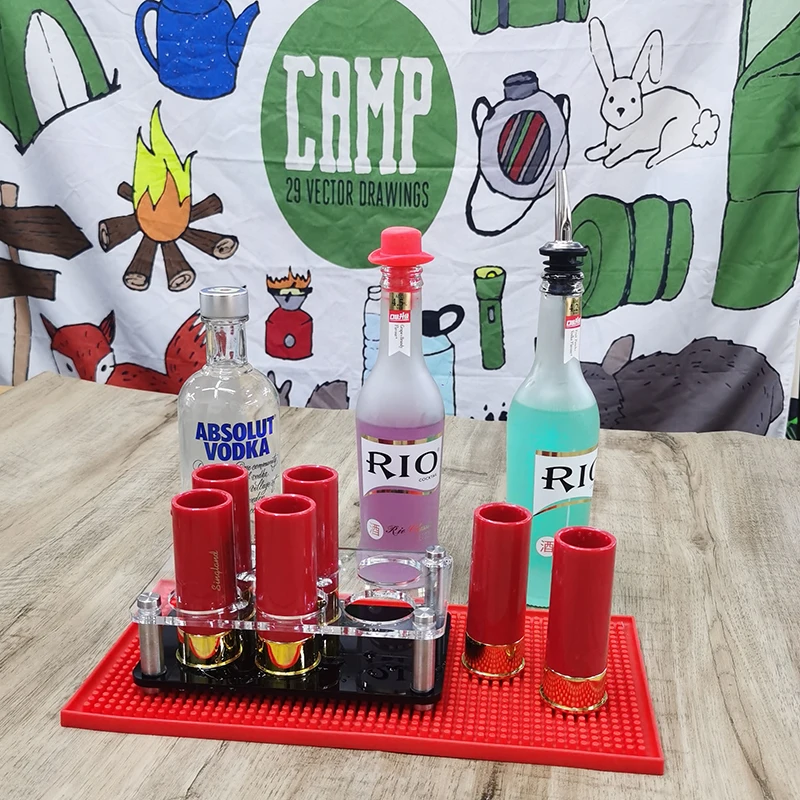 Hunting Outdoor Gift 12 Gauge Shotgun Shell Shot Glasses with Acrylic Cup Holder, Rubber Bar Mat, Hat Bottle Stopper and Spout