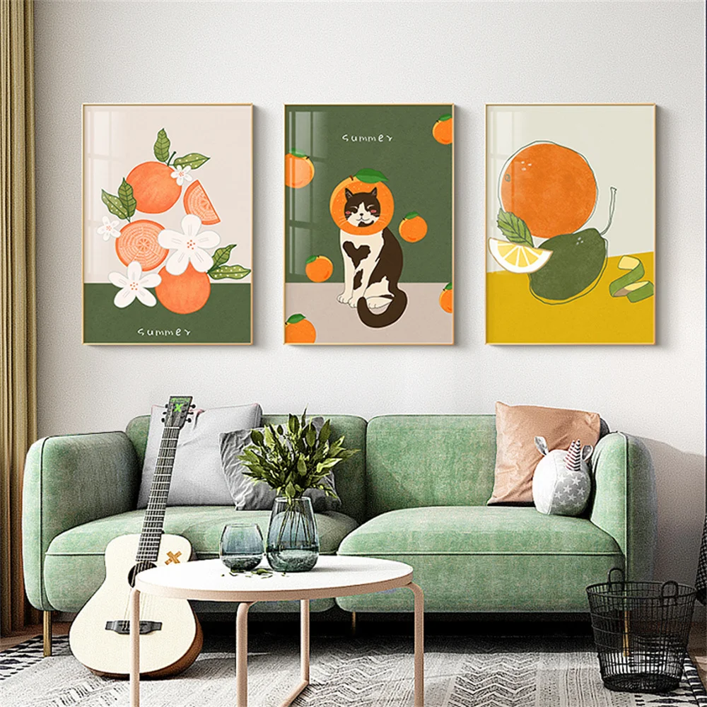 

Abstract Orange Wall Art Print Green Leaf Flower Plant Poster Cat Canvas Painting Nordic Pictures Modern Living Room Home Decor