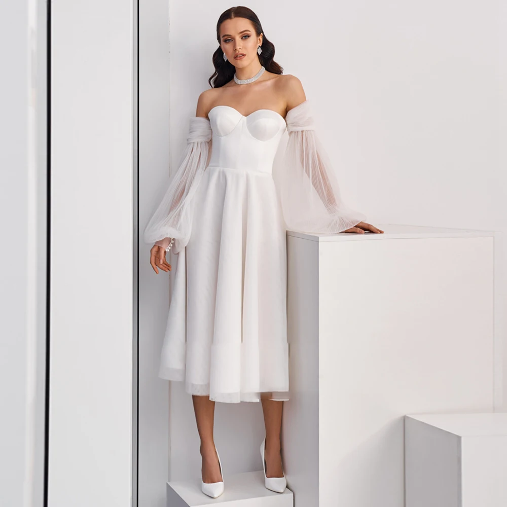 

UETEEY Simple Wedding Dress White Tulle Party Puffy Long Sleeve Bride Gowns Pleat Zipper Back Beech 2022 Vestido De Noiva