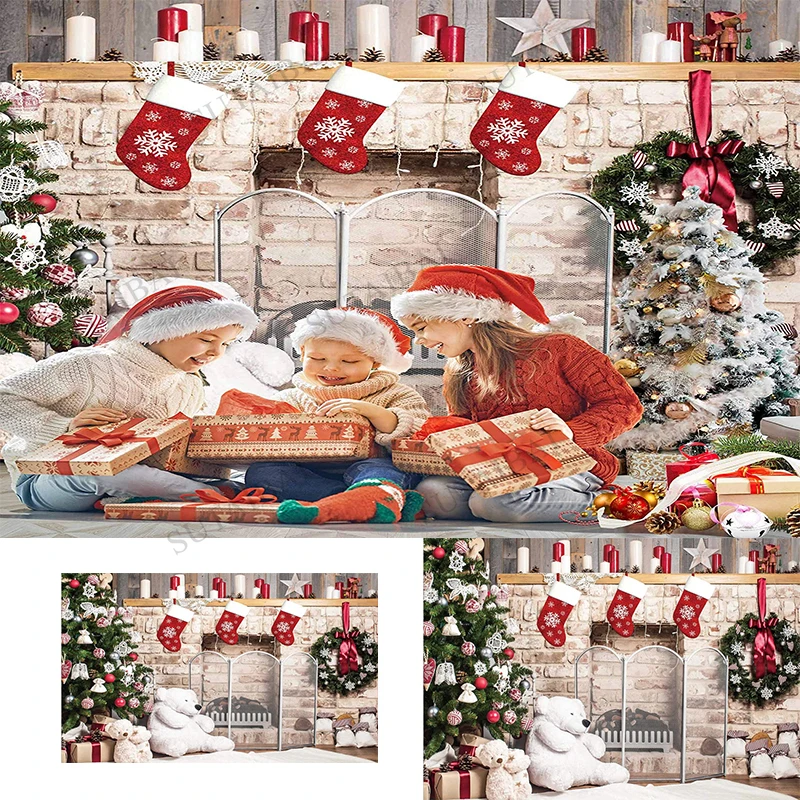 

Christmas Fireplace Backdrops for Photography Xmas Tree Sock Gift Decorations for Family Party Photo Background Pictures Decor