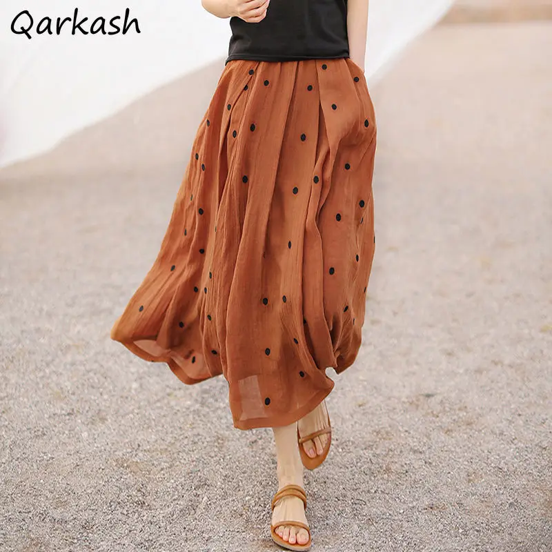 

Skirts Women French Elegant Fairy Female Clothing Ankle-length Thin Comfortable Chiffon Holiday Polka Dot Folds Coffee Vintage