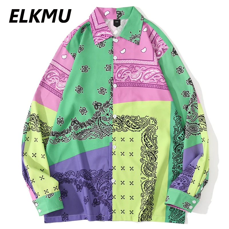 Уличная рубашка ELKMU в стиле хип-хоп с цветным блочным принтом рубашки длинным