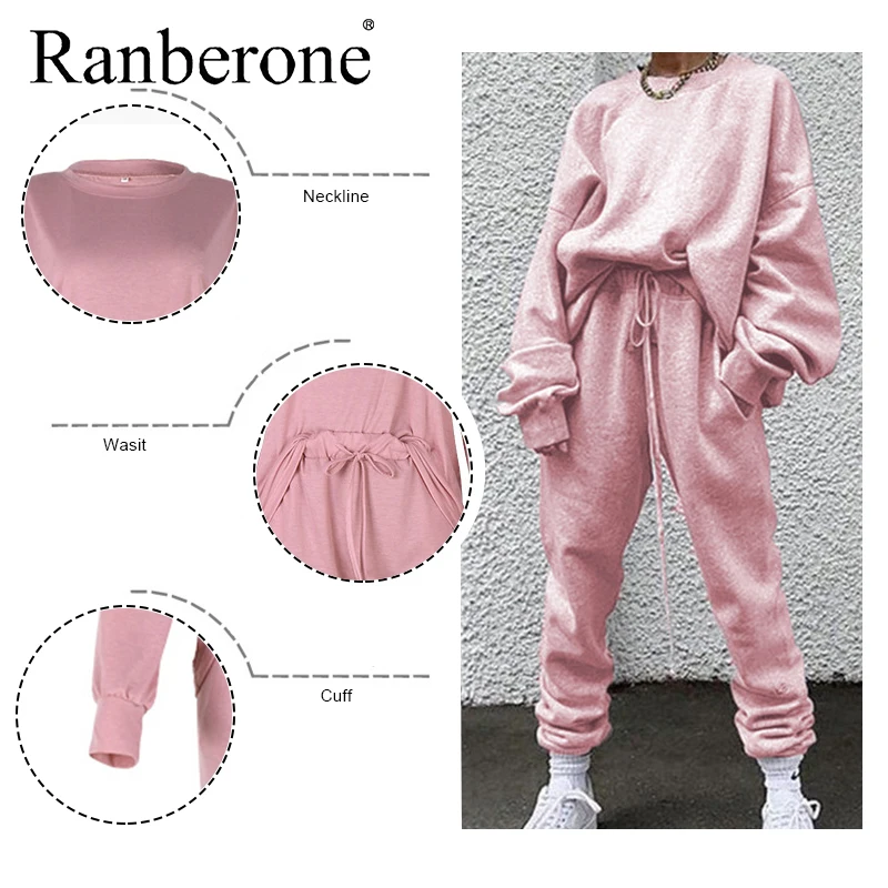 Ranberone Women Tracksuit Oversized Female Sweatshirt Elasticated Trousers Set Fall Winter Outfits Fashion Solid Sweatsuits 2020