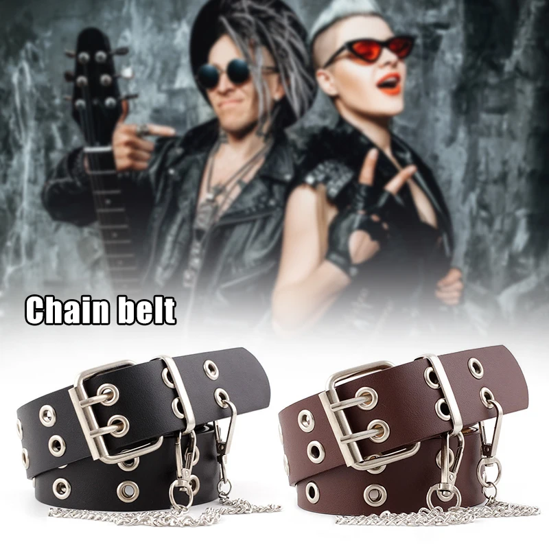 

Women Belt PU Leather Pin Buckle Belt Punk Style with Metal Chain Fashion Waist Belt Black/Coffee SER88