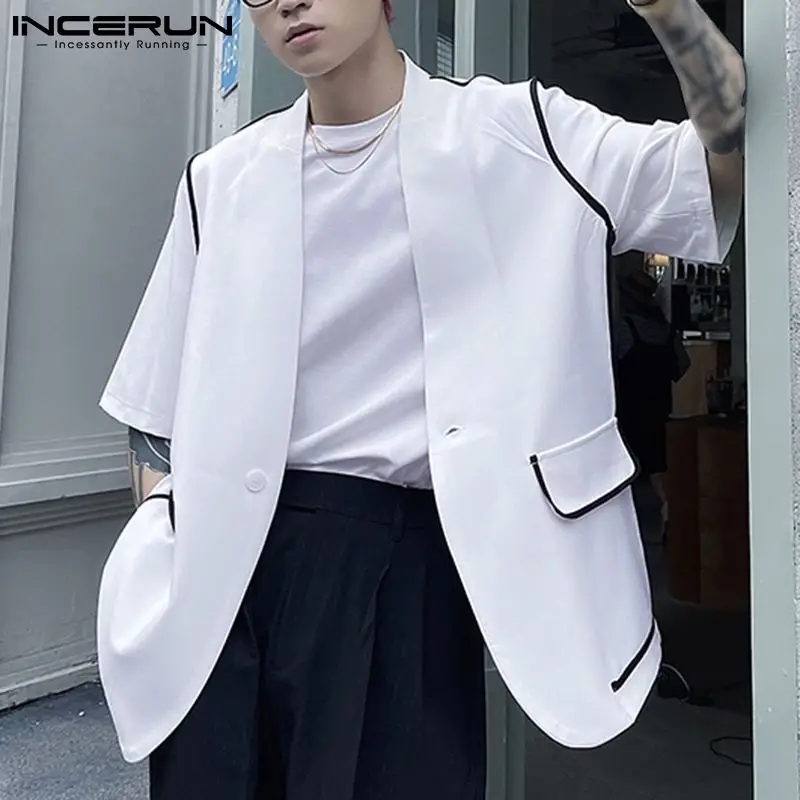 INCERUN 2022 New Collarless Design Short-sleeved Suit Jackets Men's Korean Version Of The High-end Suit Trend Light Luxury S-5XL