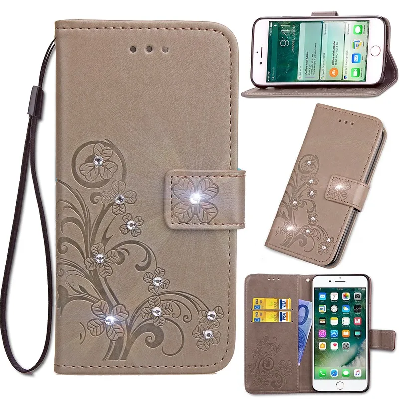 Sunjolly Rhinestone Leather Case Flip Wallet Cover coque fundas for Samsung Galaxy S9/ S9 Plus A5 A7 A8 2018 | Мобильные телефоны и