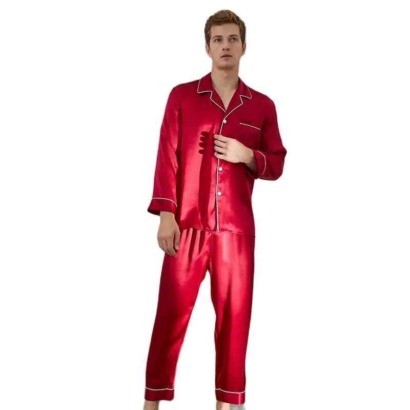 Men's Long Sleeve Trousers Silk Pajamas Set Summer 100% Mulberry Silk Home Clothes AvailableM Ale