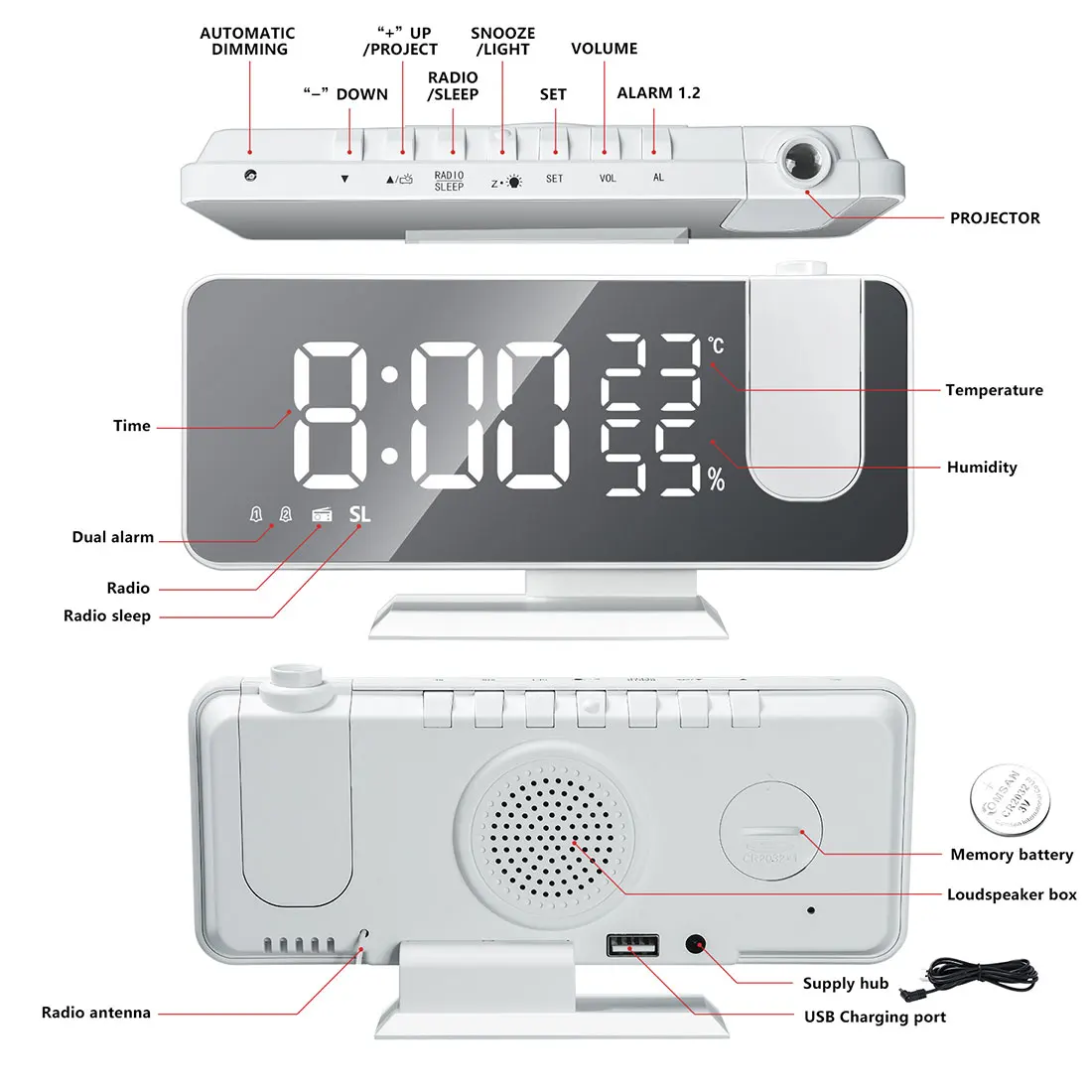 

LED digital smart alarm clock watch FM radio electronic desktop clock USB wake-up clock with projection time snooze 3 Colors