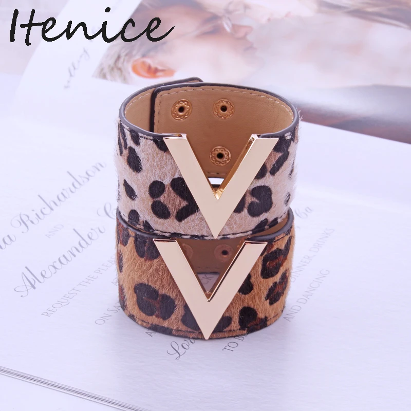 Женский широкий Браслет манжета Itenice Леопардовый из искусственной конской кожи с