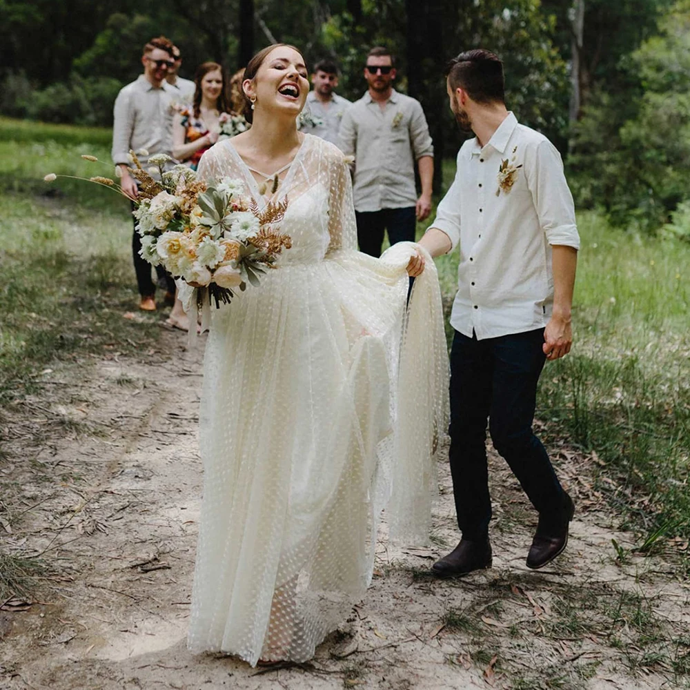 

Long Sleeves Polka Dots Tulle Wedding Dress CrissCross Custom Made Cheap Illusion Back Princess V Neck Rustic Bridal Gown