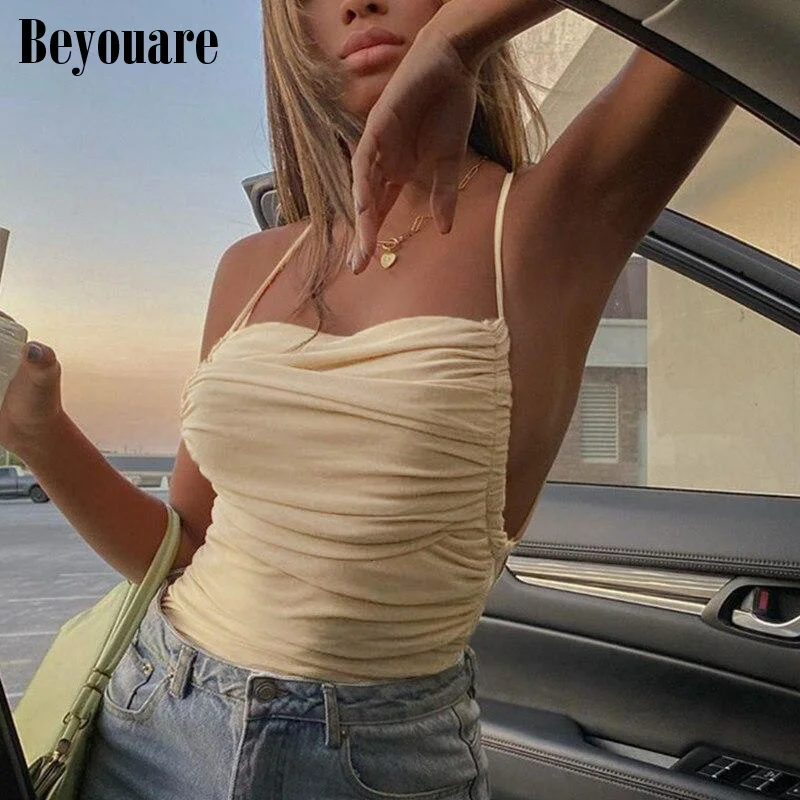 

Beyouare Mesh Patchwork Backless Bandage Women's Bodysuit Sexy Sleeveless Folds Sling Tops Summer Elegant Streetwear Beach Style